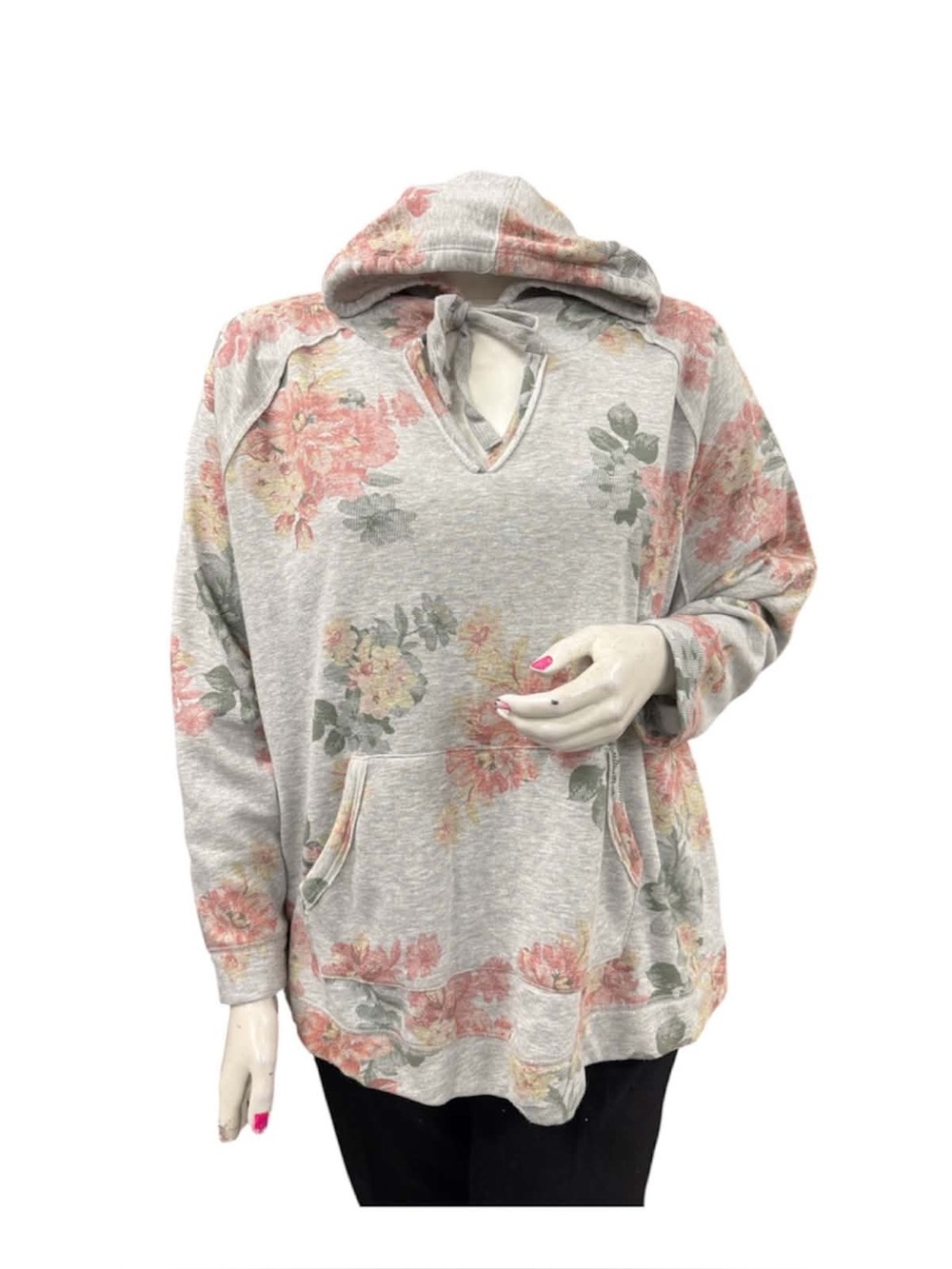 Maurices Gray Floral Hooded Pullover with Pink Accents Size 3X